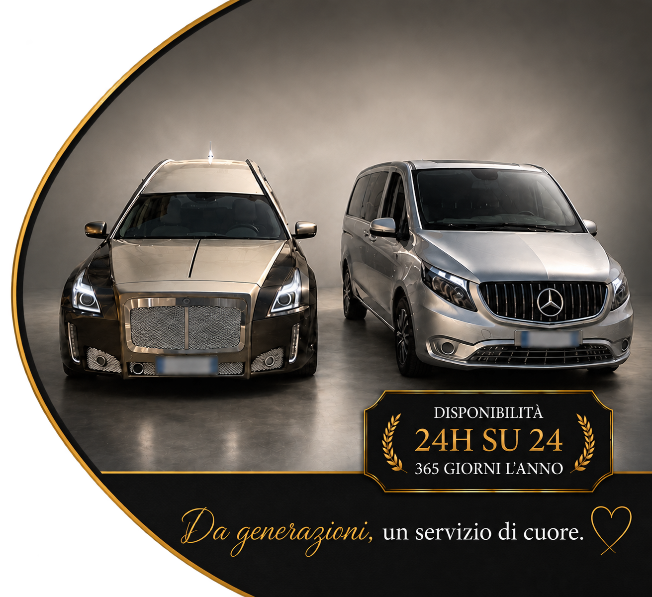 Gli automezzi FADI incorniciati dall’arco oro. Disponibilità 24 ore su 24, 365 giorni l’anno. Da generazioni, un servizio di cuore.